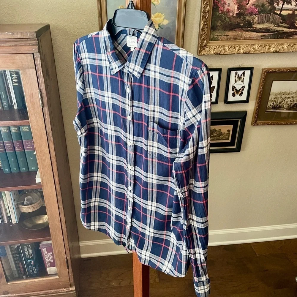 J. Crew Factory The Perfect Shirt long sleeve plaid button MED navy pink white